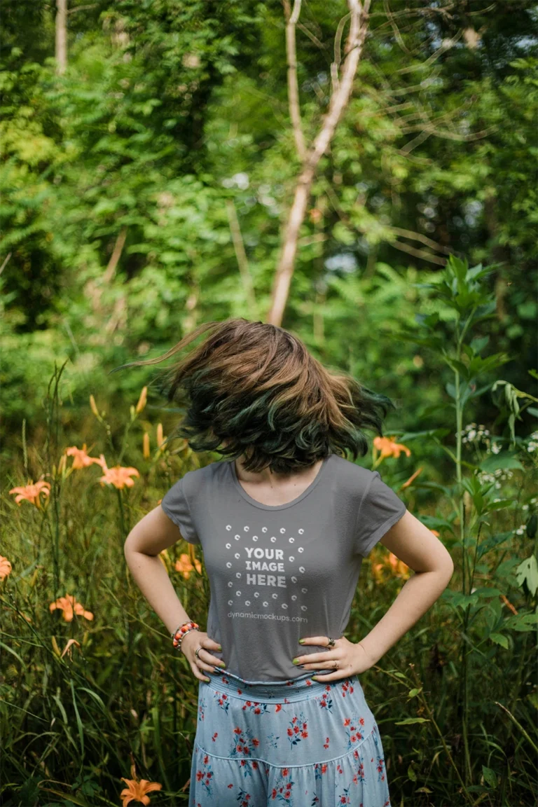Woman Wearing Gray T-shirt Mockup Front View Template