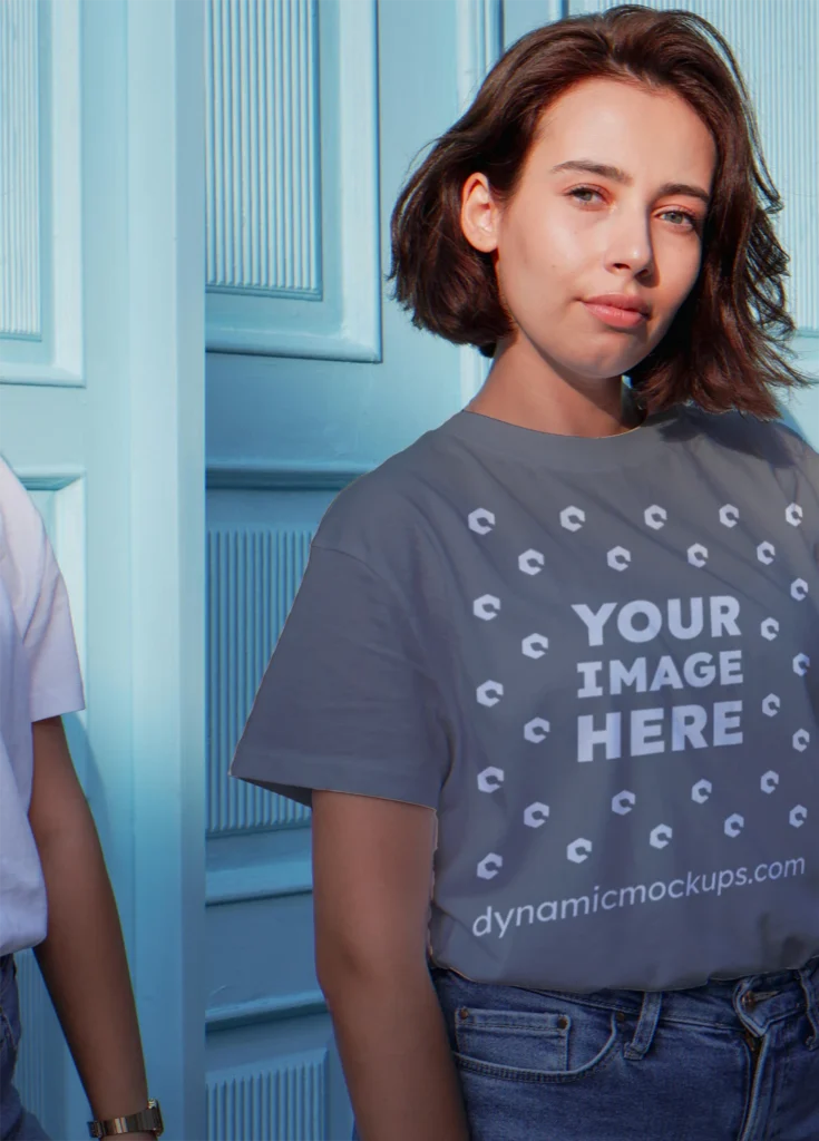 Woman Wearing Gray T-shirt Mockup Front View Template