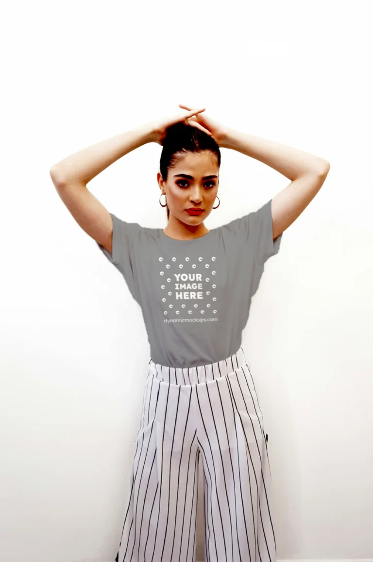 Woman Wearing Gray T-shirt Mockup Front View Template