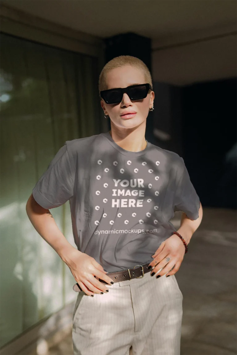 Woman Wearing Gray T-shirt Mockup Front View Template