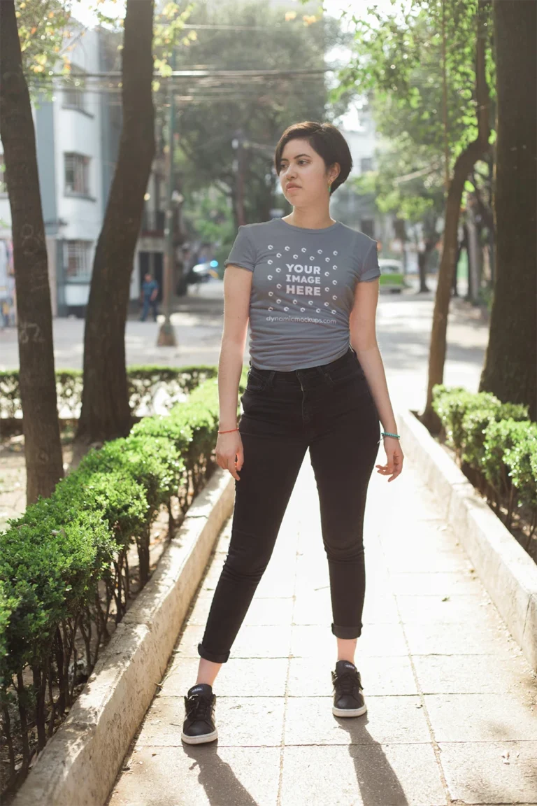 Woman Wearing Gray T-shirt Mockup Front View Template