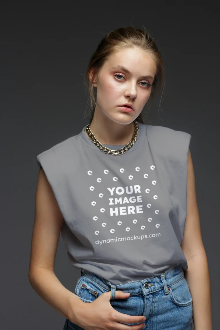 Woman Wearing Gray T-shirt Mockup Front View Template