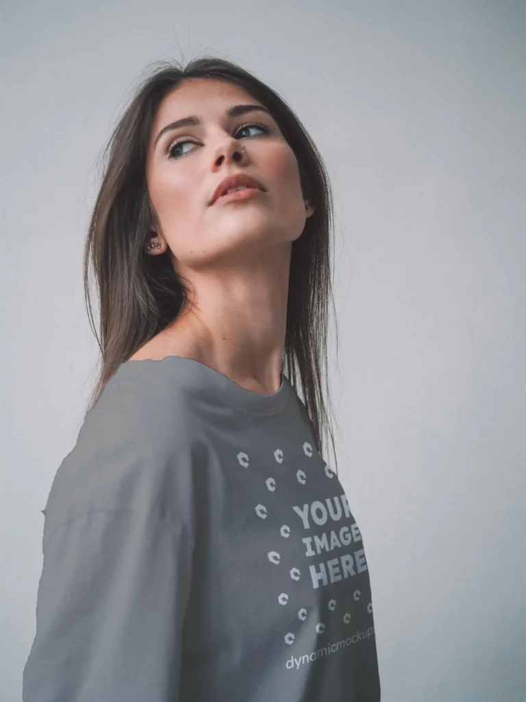 Woman Wearing Gray T-shirt Mockup Front View Template