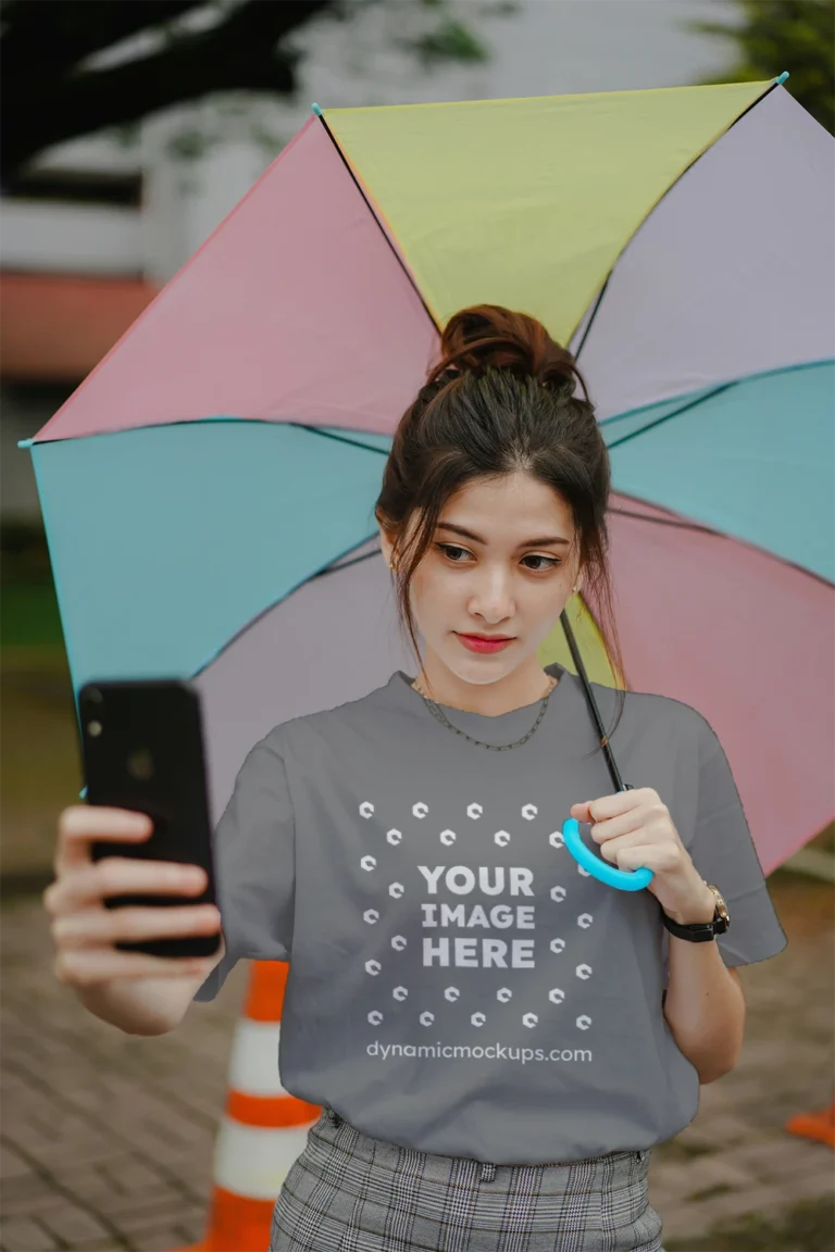Woman Wearing Gray T-shirt Mockup Front View Template