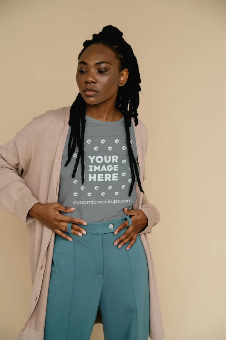 Woman Wearing Gray T-shirt Mockup Front View Template