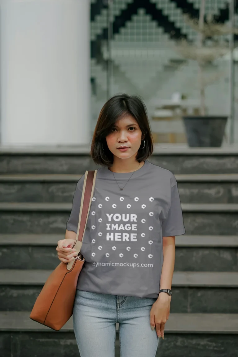 Woman Wearing Gray T-shirt Mockup Front View Template