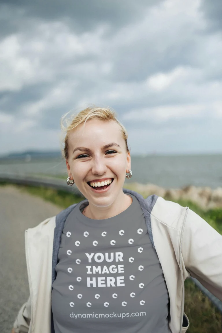 Woman Wearing Gray T-shirt Mockup Front View Template