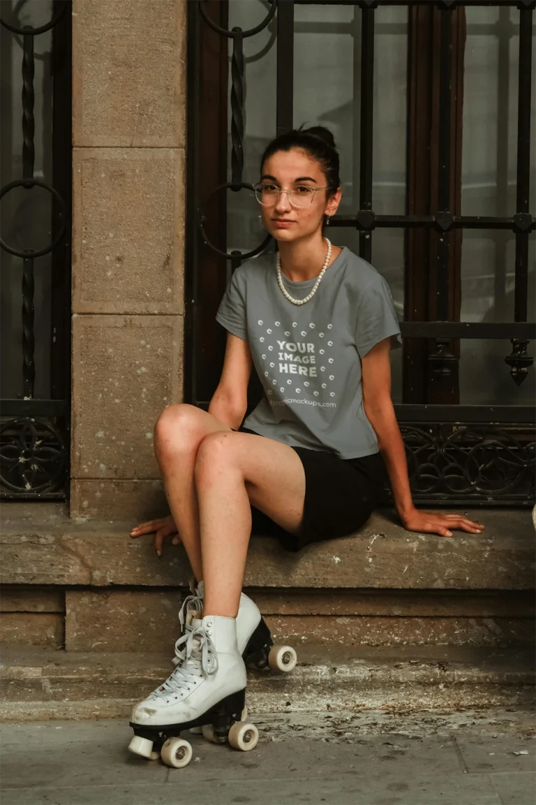 Woman Wearing Gray T-shirt Mockup Front View Template