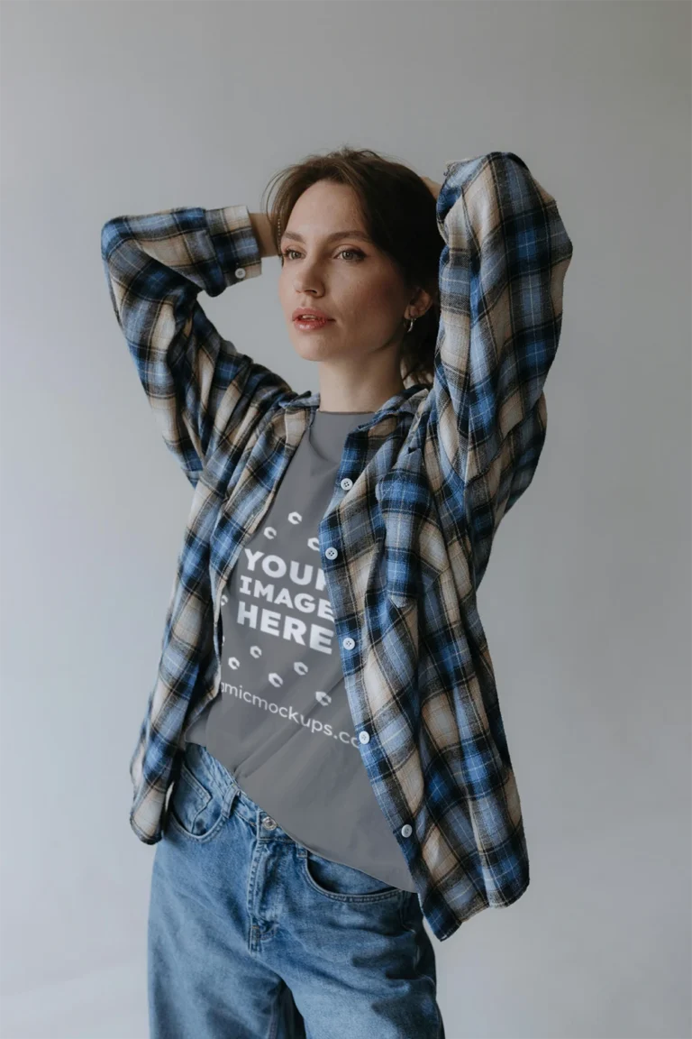 Woman Wearing Gray T-shirt Mockup Front View Template