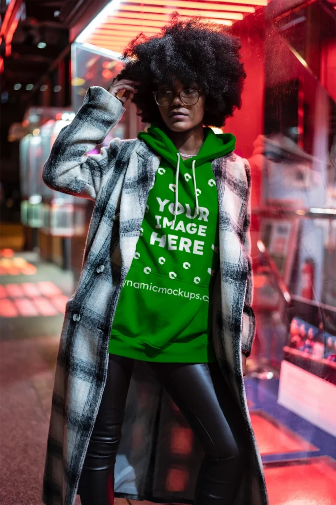 Woman Wearing Green Hoodie Mockup Front View Template