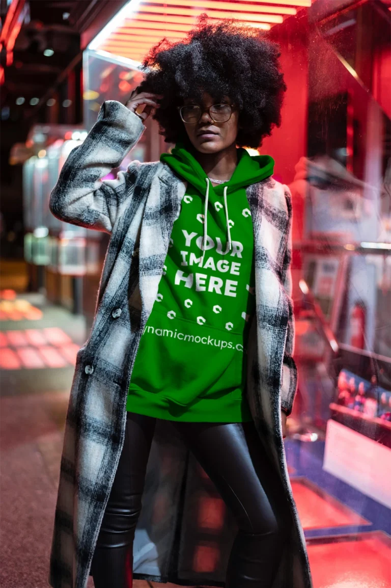 Woman Wearing Green Hoodie Mockup Front View Template