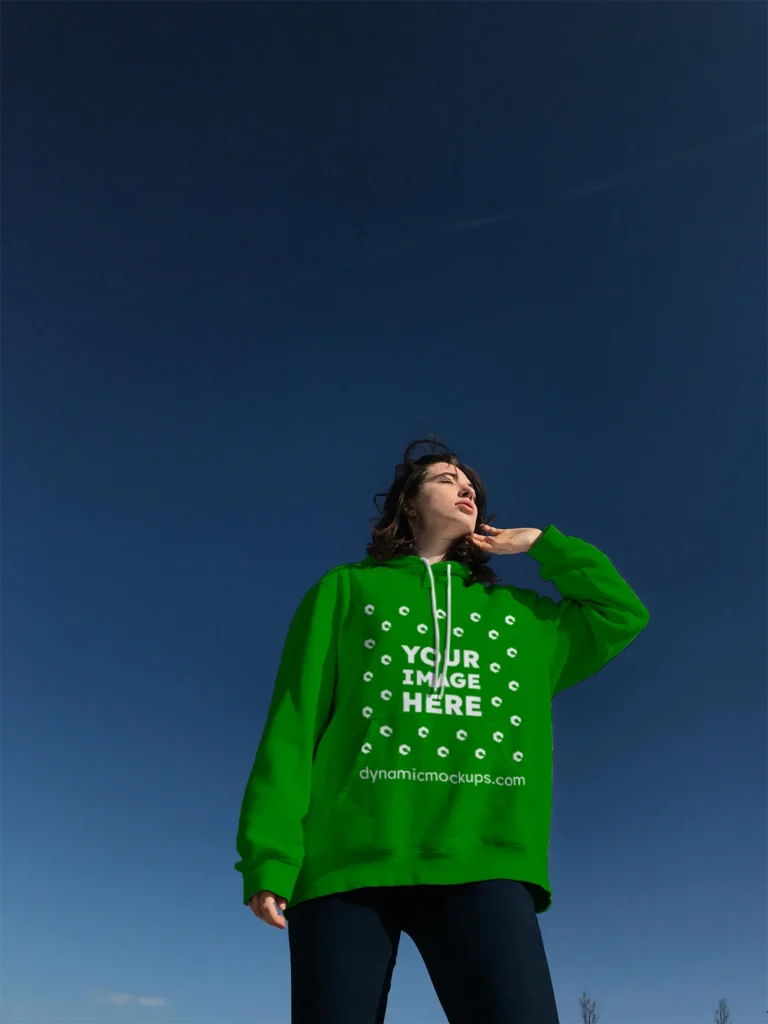 Woman Wearing Green Hoodie Mockup Front View Template