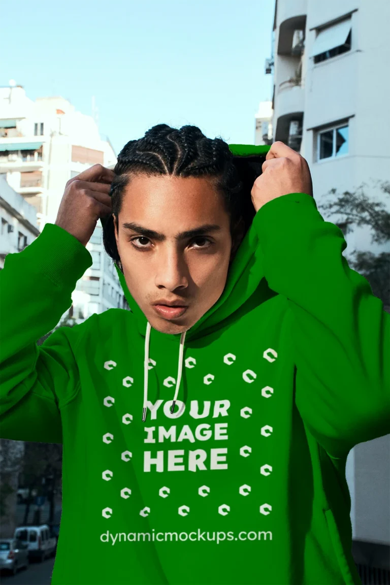 Woman Wearing Green Hoodie Mockup Front View Template