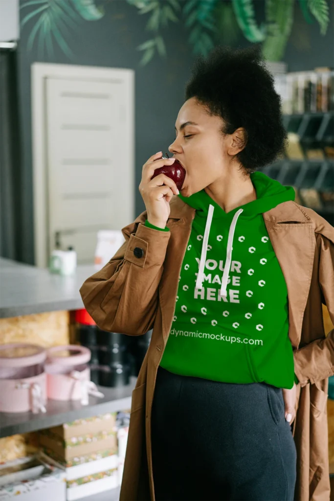 Woman Wearing Green Hoodie Mockup Front View Template