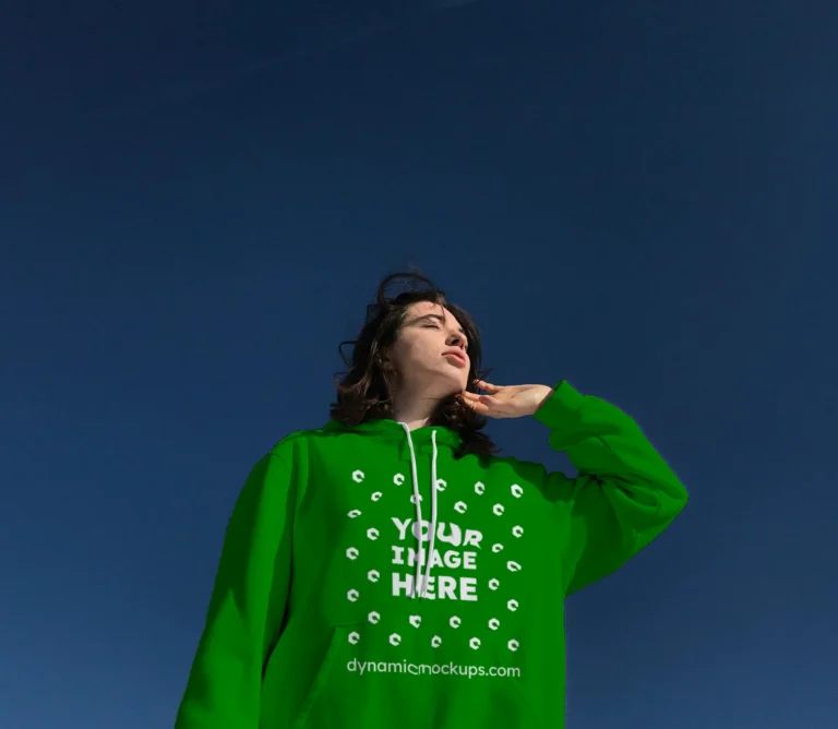 Woman Wearing Green Hoodie Mockup Front View Template
