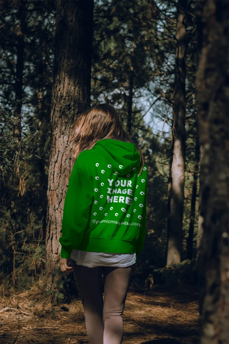 Woman Wearing Green Hoodie Mockup Back View Template