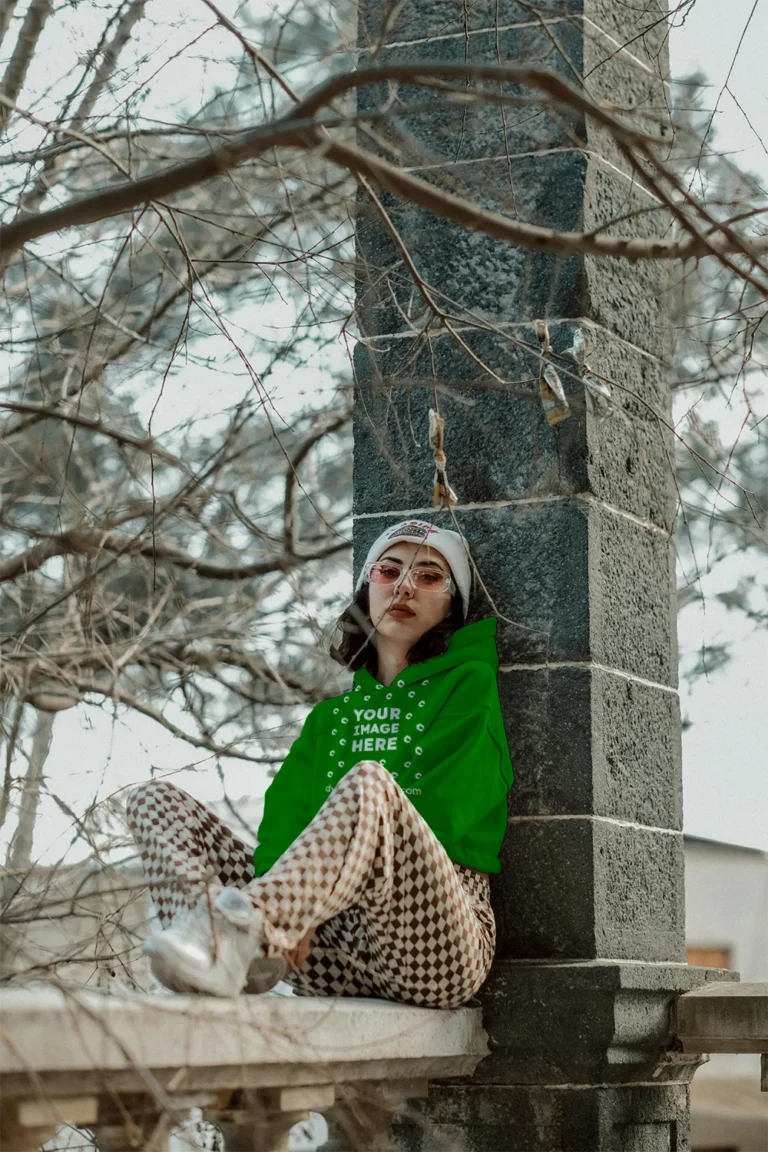 Woman Wearing Green Hoodie Mockup Front View Template