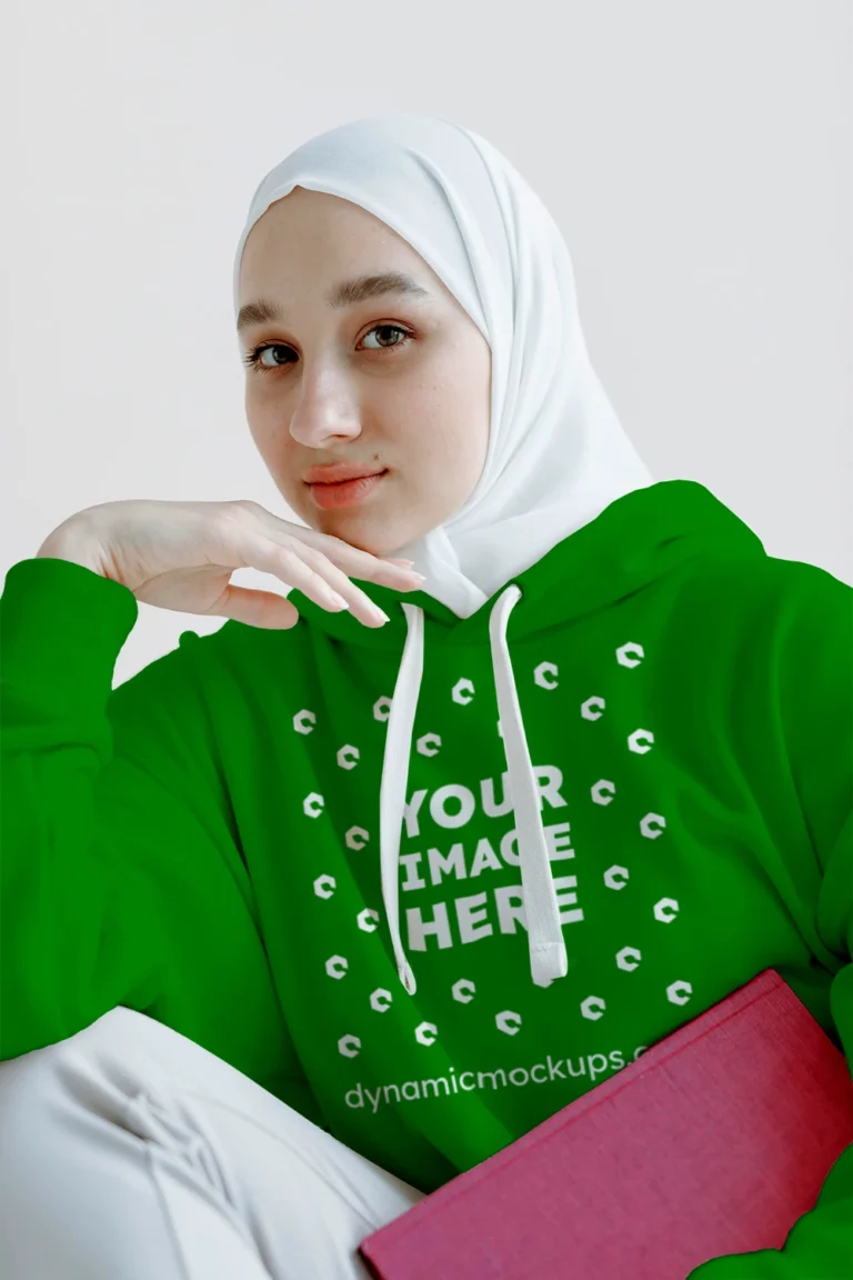 Woman Wearing Green Hoodie Mockup Front View Template