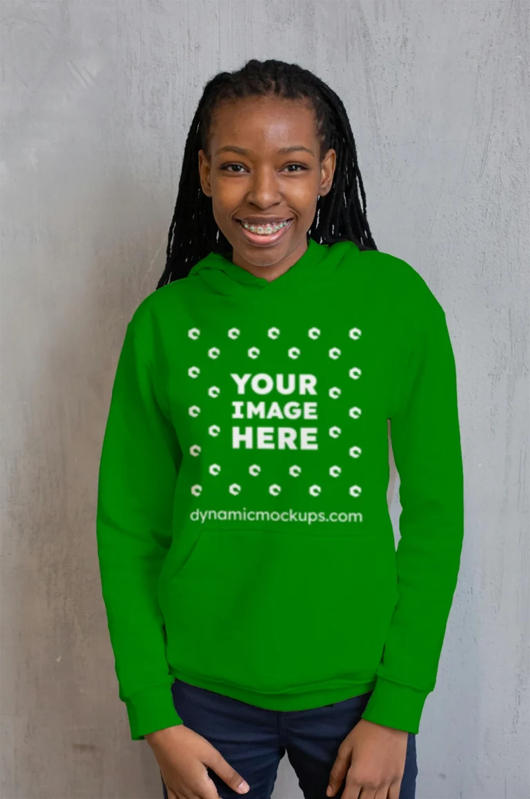 Woman Wearing Green Hoodie Mockup Front View Template