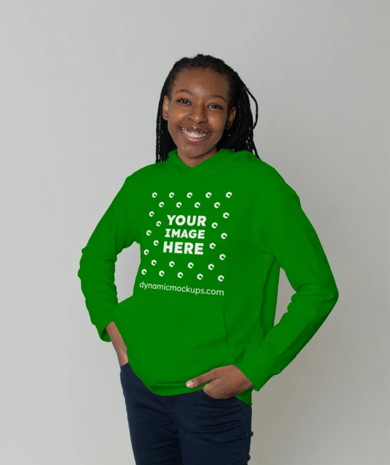 Woman Wearing Green Hoodie Mockup Front View Template