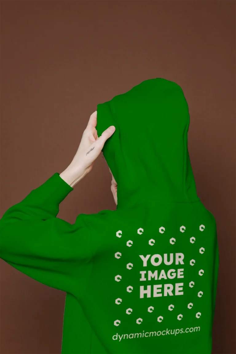 Woman Wearing Green Hoodie Mockup Back View Template