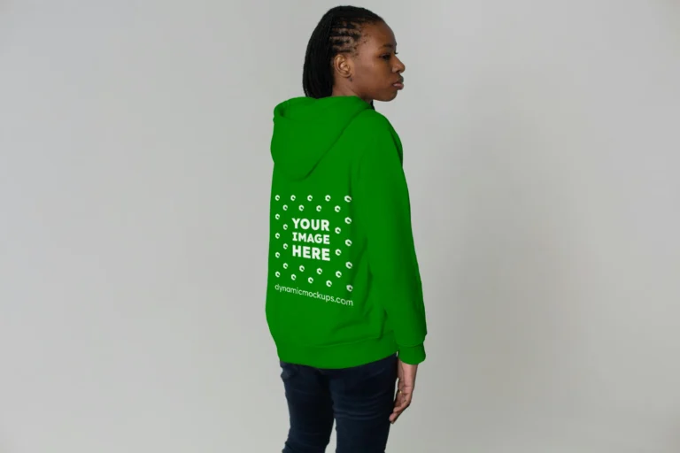 Woman Wearing Green Hoodie Mockup Back View Template