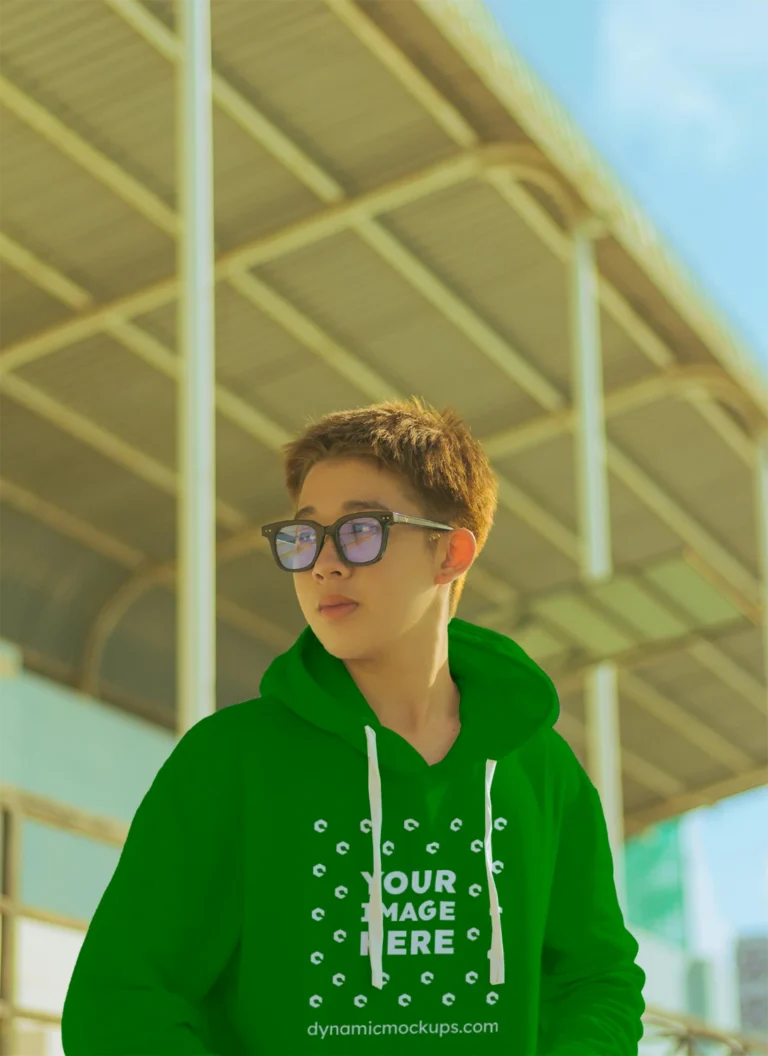Woman Wearing Green Hoodie Mockup Front View Template