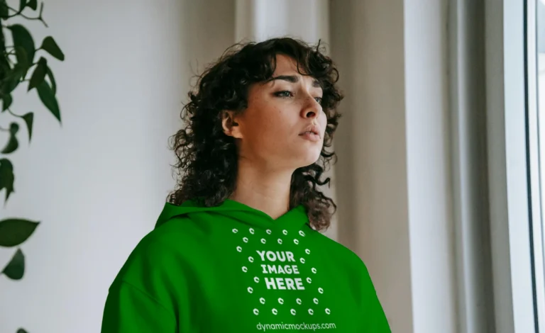 Woman Wearing Green Hoodie Mockup Front View Template