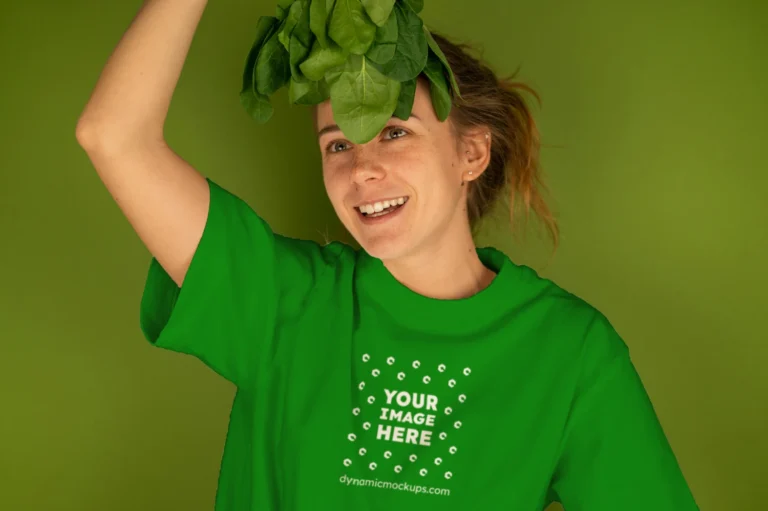 Woman Wearing Green T-shirt Mockup Front View Template