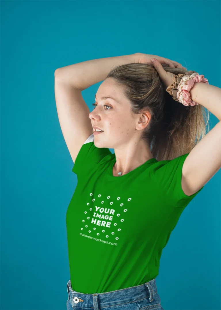Woman Wearing Green T-shirt Mockup Front View Template