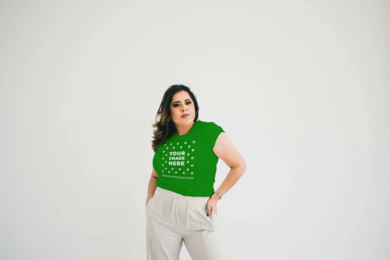 Woman Wearing Green T-shirt Mockup Front View Template