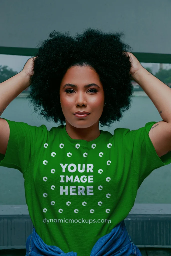 Woman Wearing Green T-shirt Mockup Front View Template