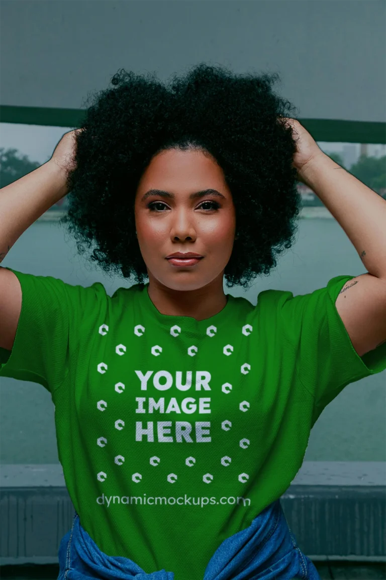 Woman Wearing Green T-shirt Mockup Front View Template