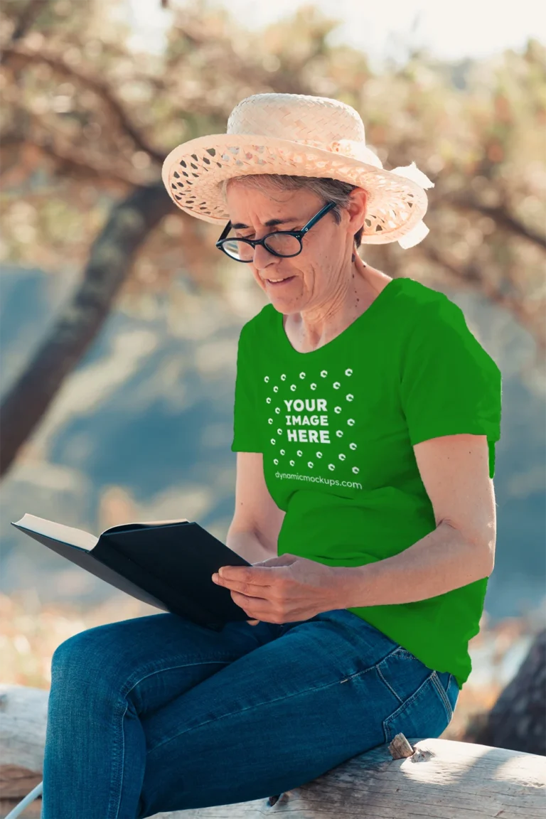 Woman Wearing Green T-shirt Mockup Front View Template