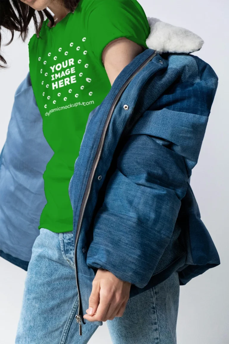 Woman Wearing Green T-shirt Mockup Front View Template