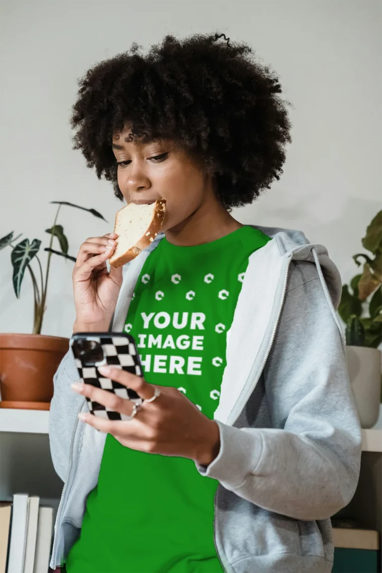 Woman Wearing Green T-shirt Mockup Front View Template