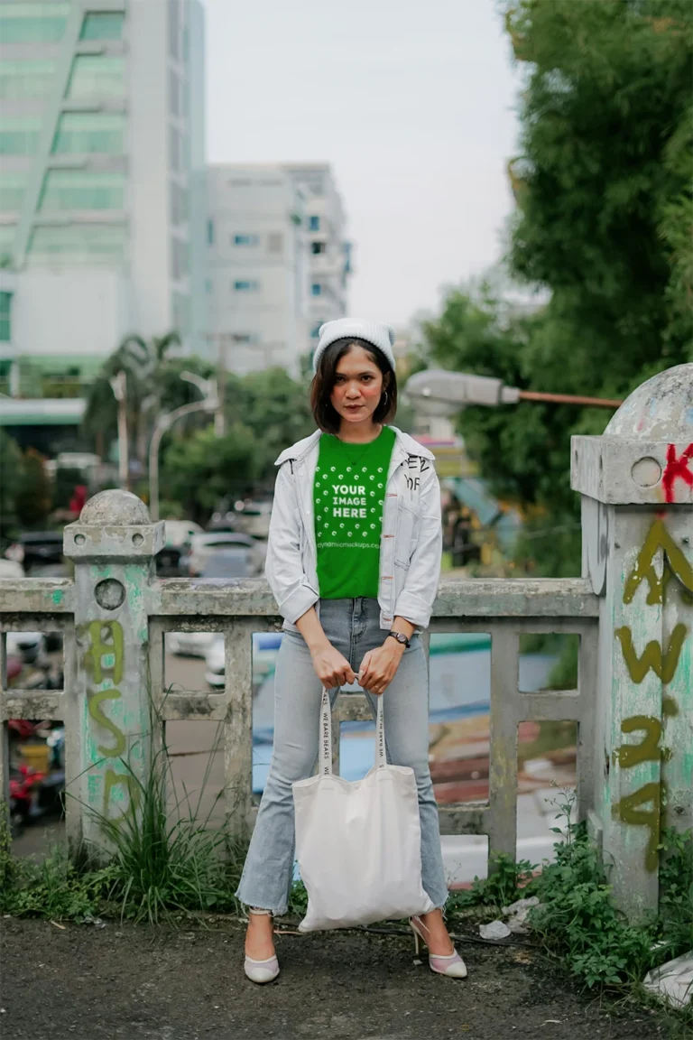 Woman Wearing Green T-shirt Mockup Front View Template