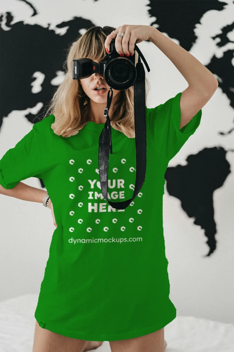 Woman Wearing Green T-shirt Mockup Front View Template