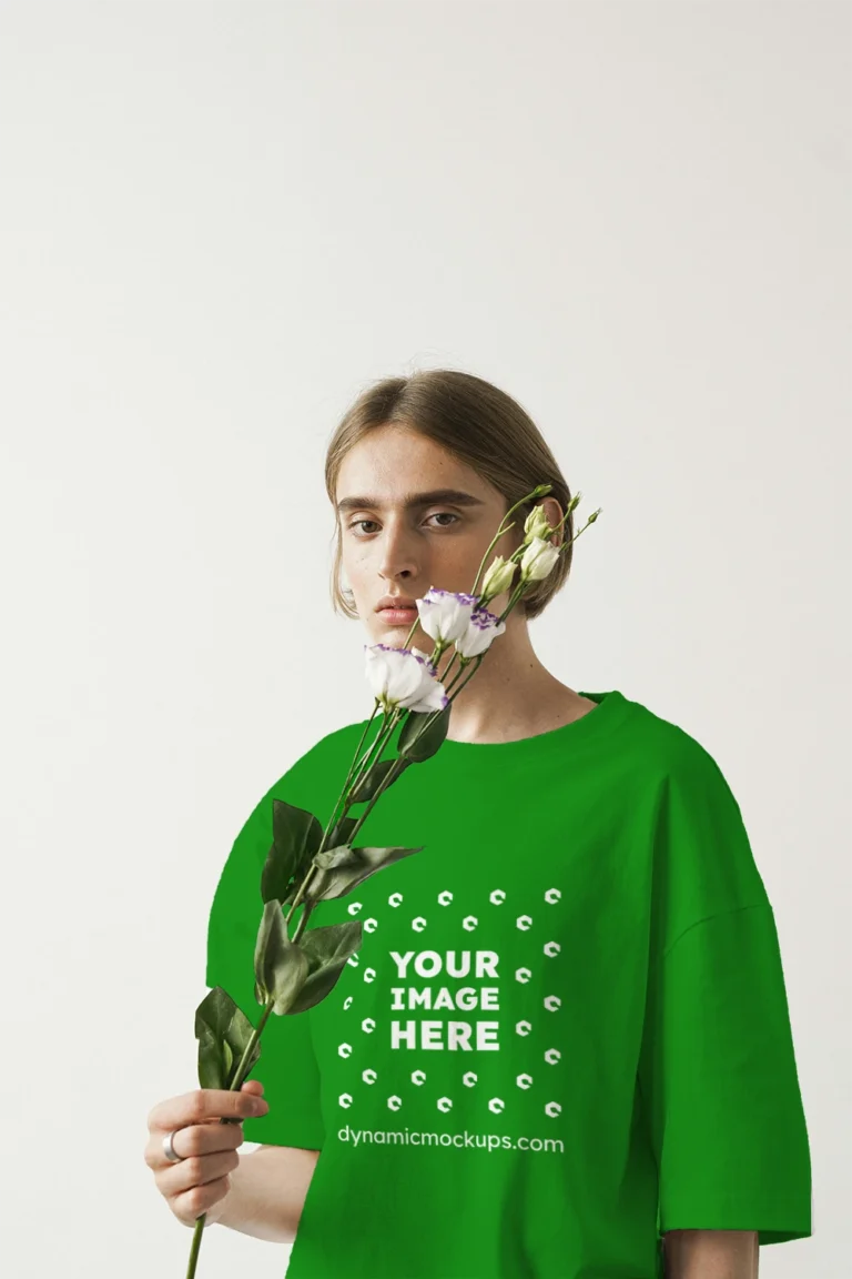 Woman Wearing Green T-shirt Mockup Front View Template