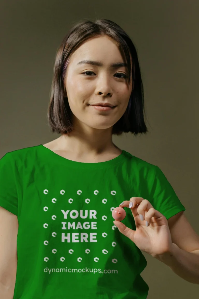 Woman Wearing Green T-shirt Mockup Front View Template