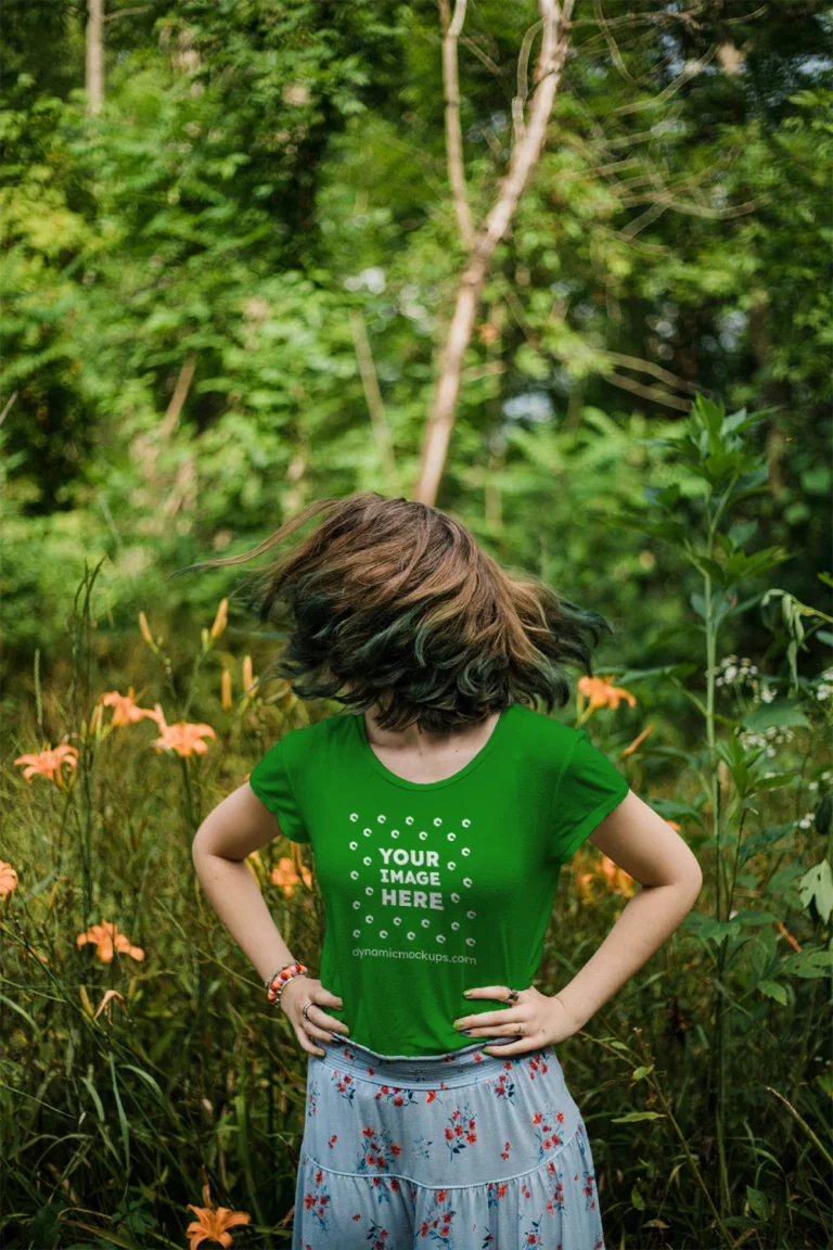 Woman Wearing Green T-shirt Mockup Front View Template