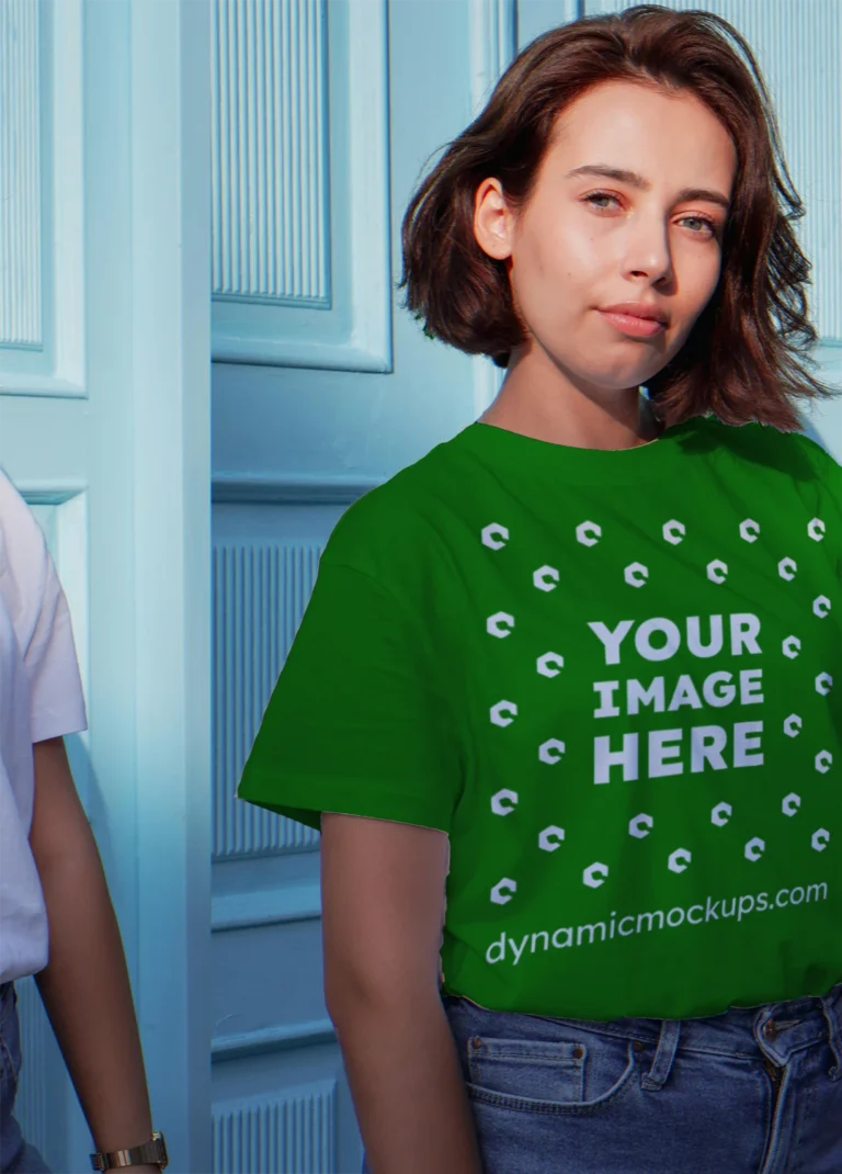 Woman Wearing Green T-shirt Mockup Front View Template