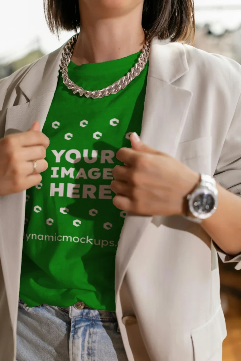Woman Wearing Green T-shirt Mockup Front View Template