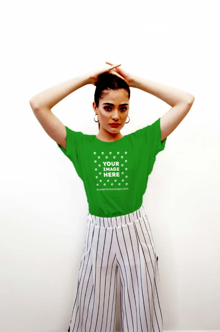 Woman Wearing Green T-shirt Mockup Front View Template