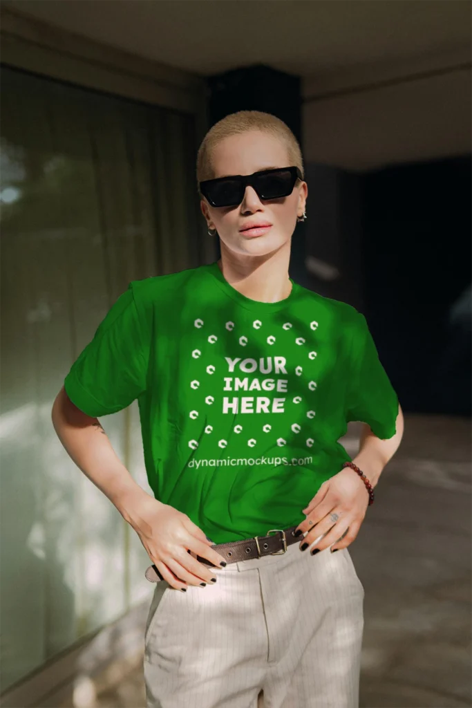 Woman Wearing Green T-shirt Mockup Front View Template