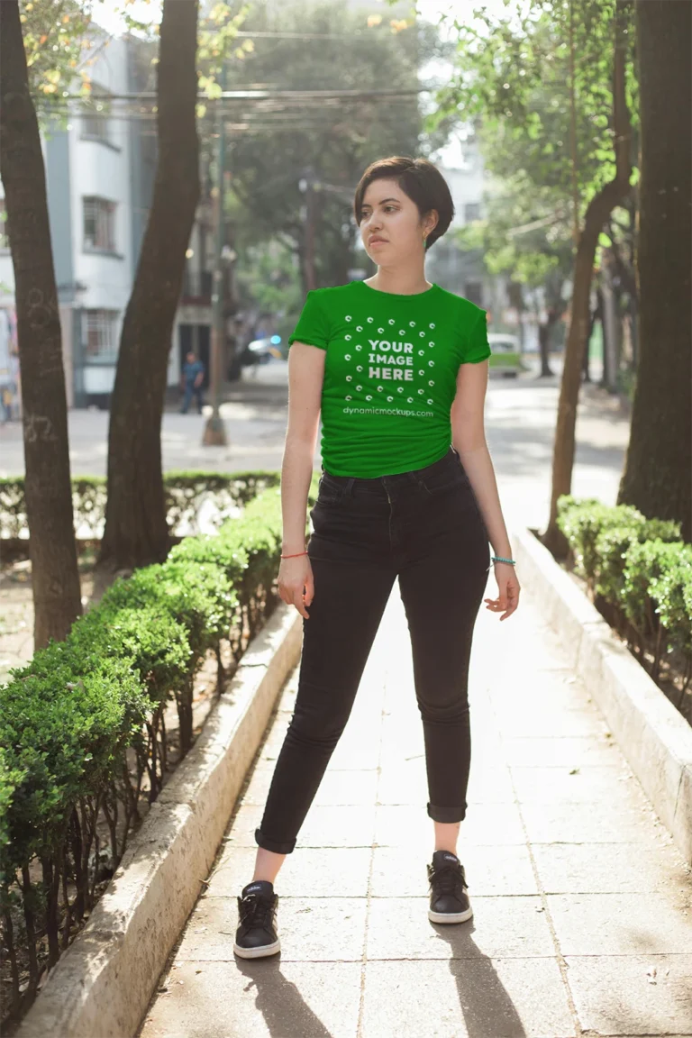 Woman Wearing Green T-shirt Mockup Front View Template