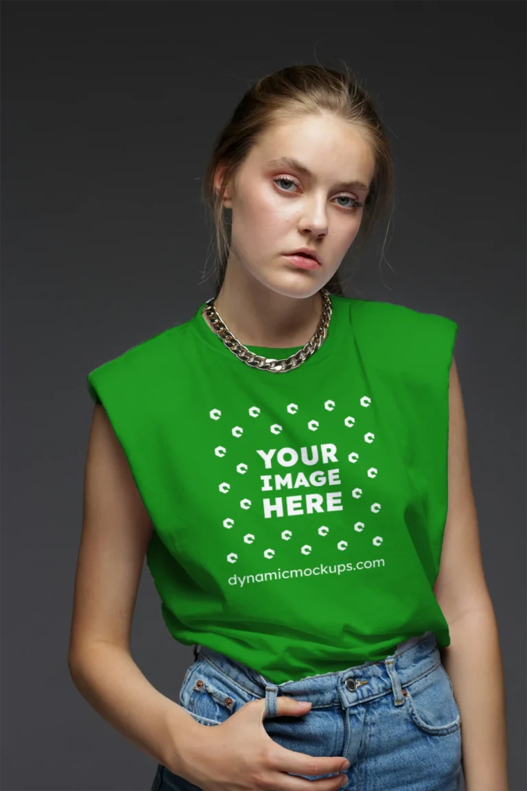 Woman Wearing Green T-shirt Mockup Front View Template