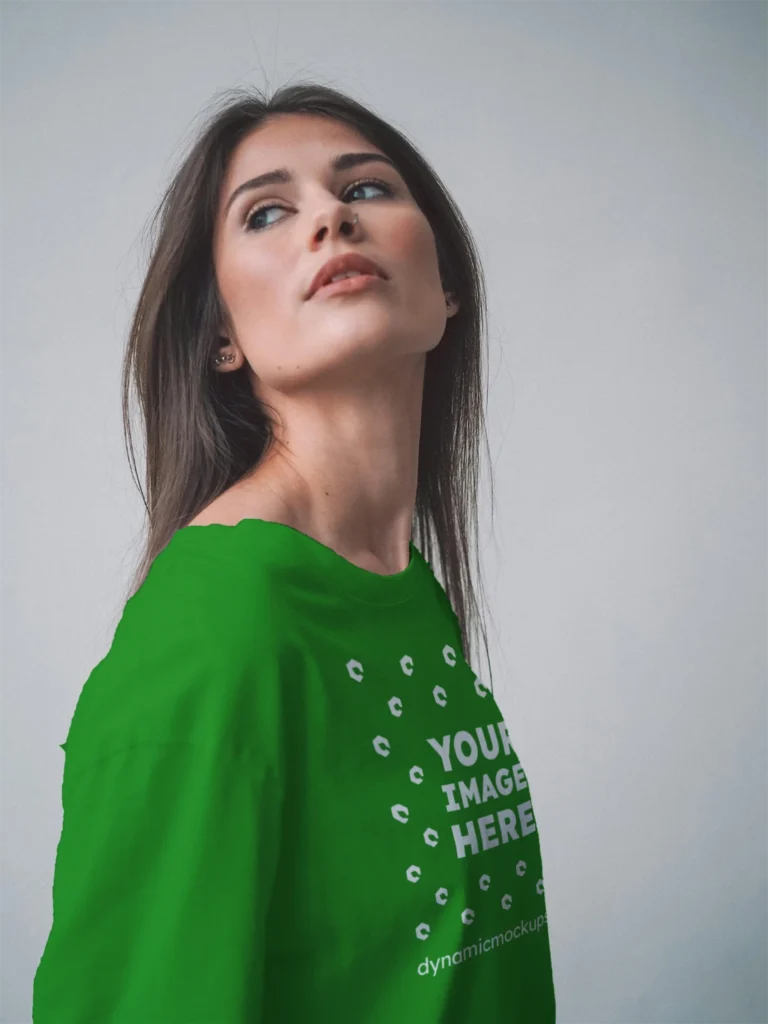 Woman Wearing Green T-shirt Mockup Front View Template
