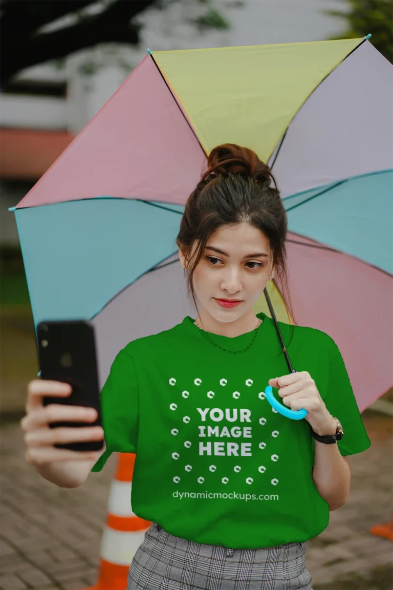 Woman Wearing Green T-shirt Mockup Front View Template