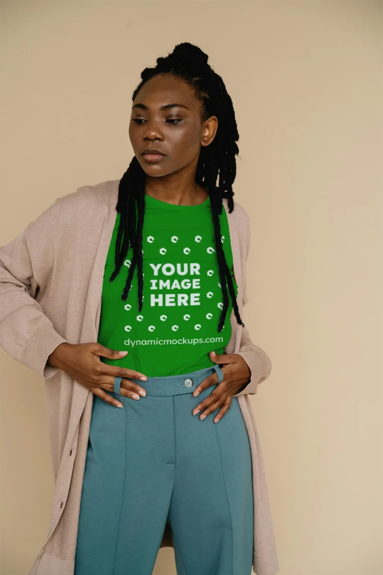 Woman Wearing Green T-shirt Mockup Front View Template